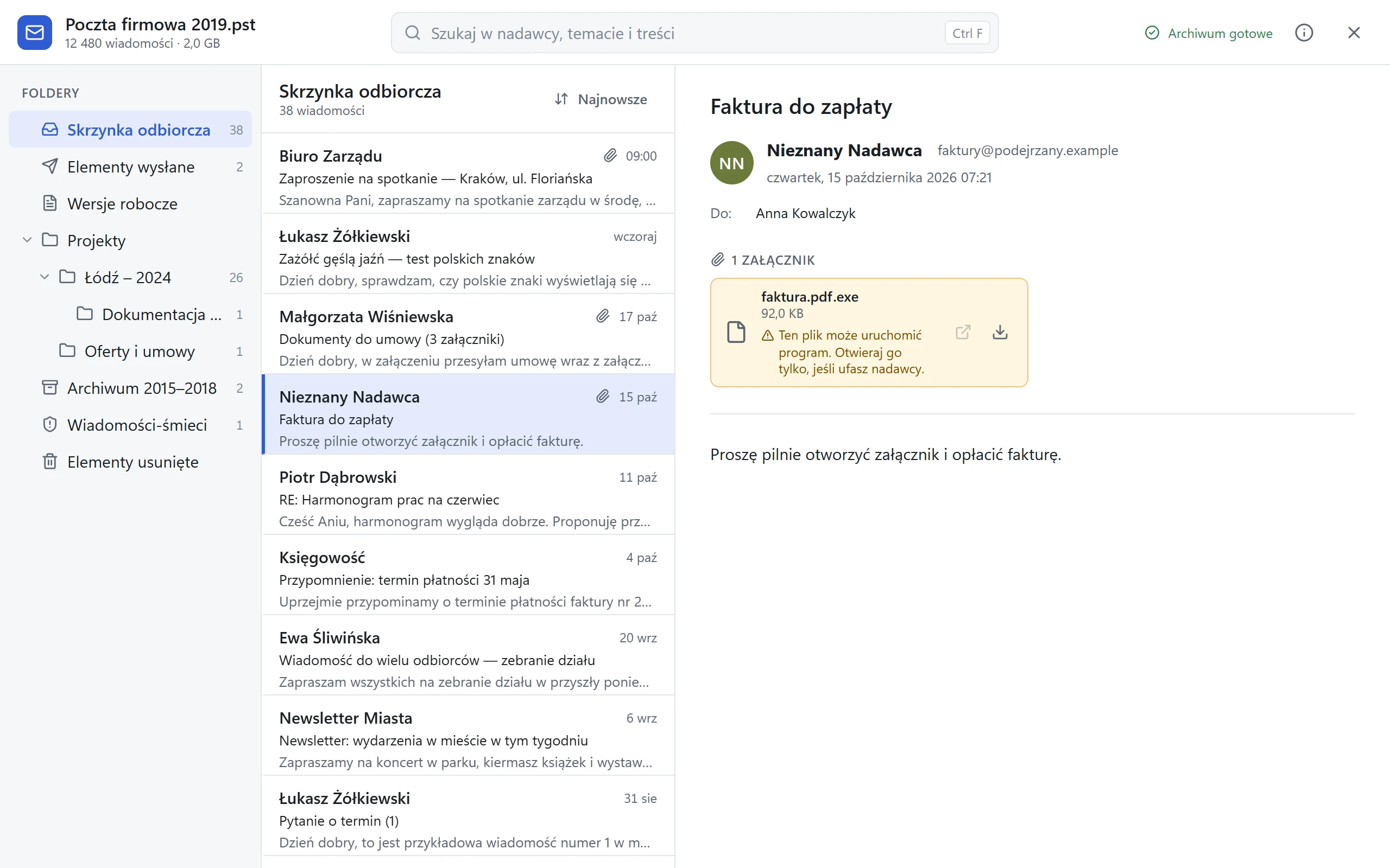 Wiadomość z podejrzanym załącznikiem faktura.pdf.exe — program ostrzega, że plik może uruchomić program, i blokuje jego otwieranie